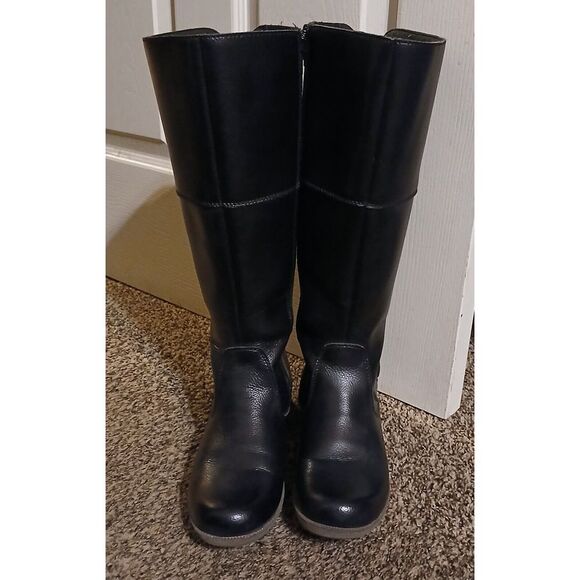 Clarks Black Leather Tall Riding Boots Stretch Panel Women's Size 7.5 Block Heel - Picture 2 of 6